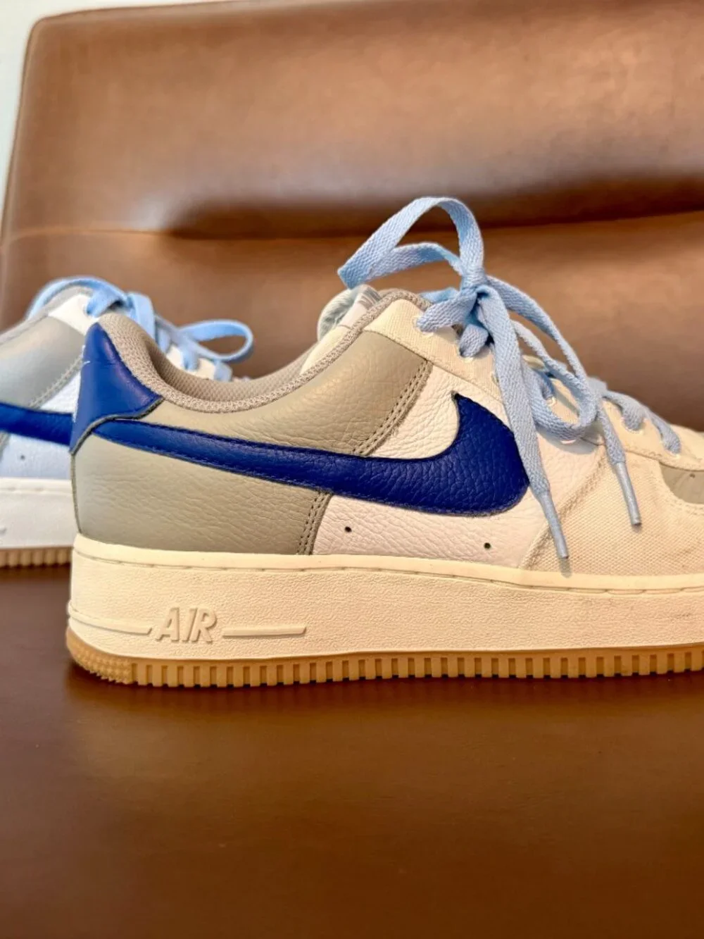 Nike Air Force 1, blue swoosh, grey panels, gum sole, Size 9M